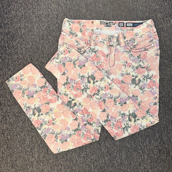 Miss Me Jeans Cargo Women's Sz 30 Pink Floral Print Cuff Skinny Jeans Low Rise✨ - Picture 12 of 13
